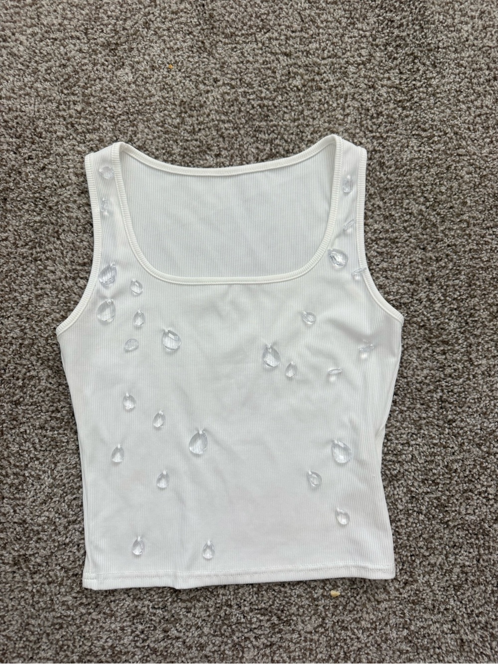 White Embellished Ribbed Tank Top